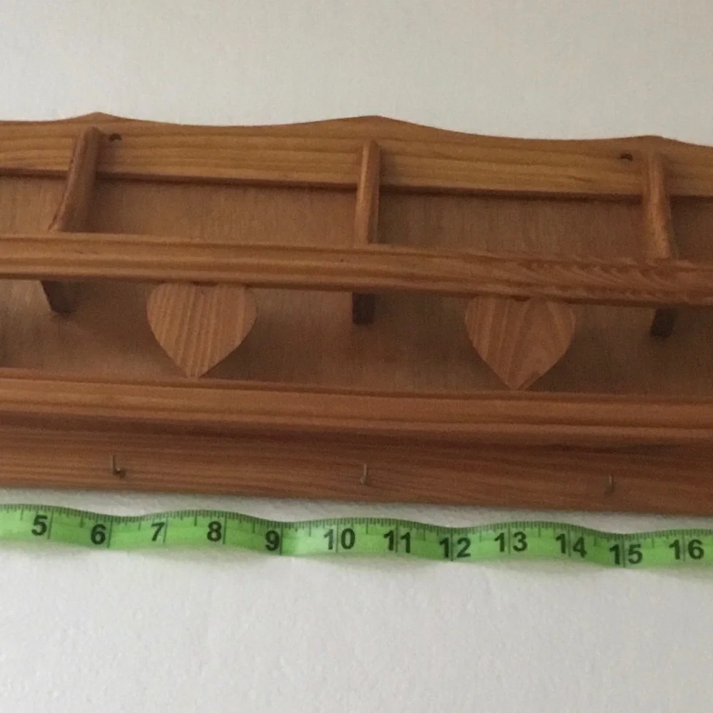 Heart-Accent Natural Wood Wall Shelf with Hooks